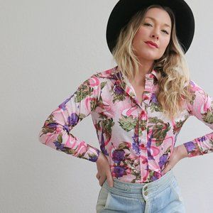 1970's Caroline Floral Polyester Blouse // Women's Size Extra Small to Small